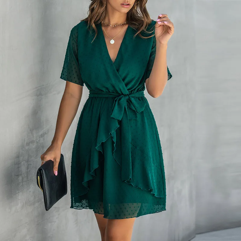 Dark Green Весеннее Летнее мини-платье с коротким рукавом, сексуальные вечерние платья с v-образным вырезом и оборками, элегантные женские пляжные платья в горошек Vestidos - Цвет: Dark Green