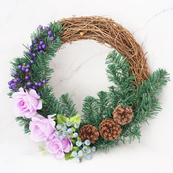 

Christmas Wreath 40cm Purple Rose and Pine Cone Garland Door Wreath Hanging Wall Window Decoration for Home Farmhouse Decor 100%
