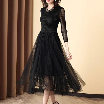 

2020 New Spring Splicing Fake Two Pieces Clothing Sets Lace Mesh Pleated Dress