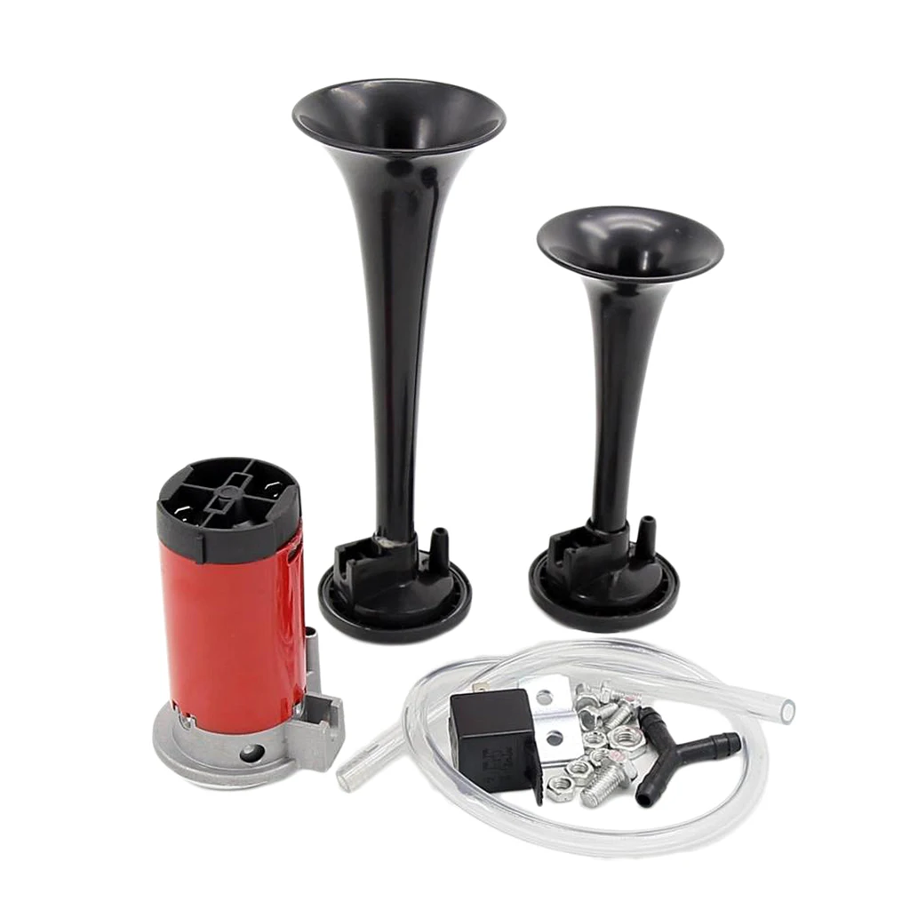 12V Dual Trumpet Air Horn - Premium Quality Stainless Steel Super Loud Powerful Train Car Van Truck Boat Air Horn - Black