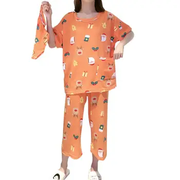 

MISSKY Women Homewear Set Summer Short Sleeve Tops Seventh Pants Christmas Loose Pajama Suit + Cloth Bag Female Sleepwear