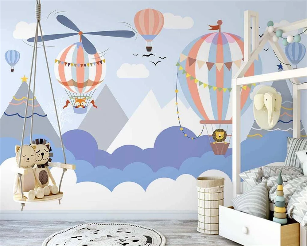 

beibehang Custom modern papel de parede nordic hand-painted blue animal hot air balloon children's room background wallpaper
