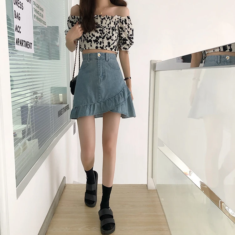 

Autumn irregular ruffled denim skirt 2020 new Korean version of thin A-line skirt Sexy hip denim skirt