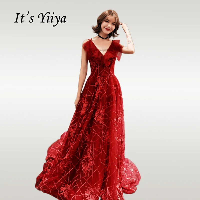 

It's Yiiya Evening Gowns Elegant Print Pattern Train Robe De Soiree Backless Ruffles V-neck Plus Size Women Party Dresses E692