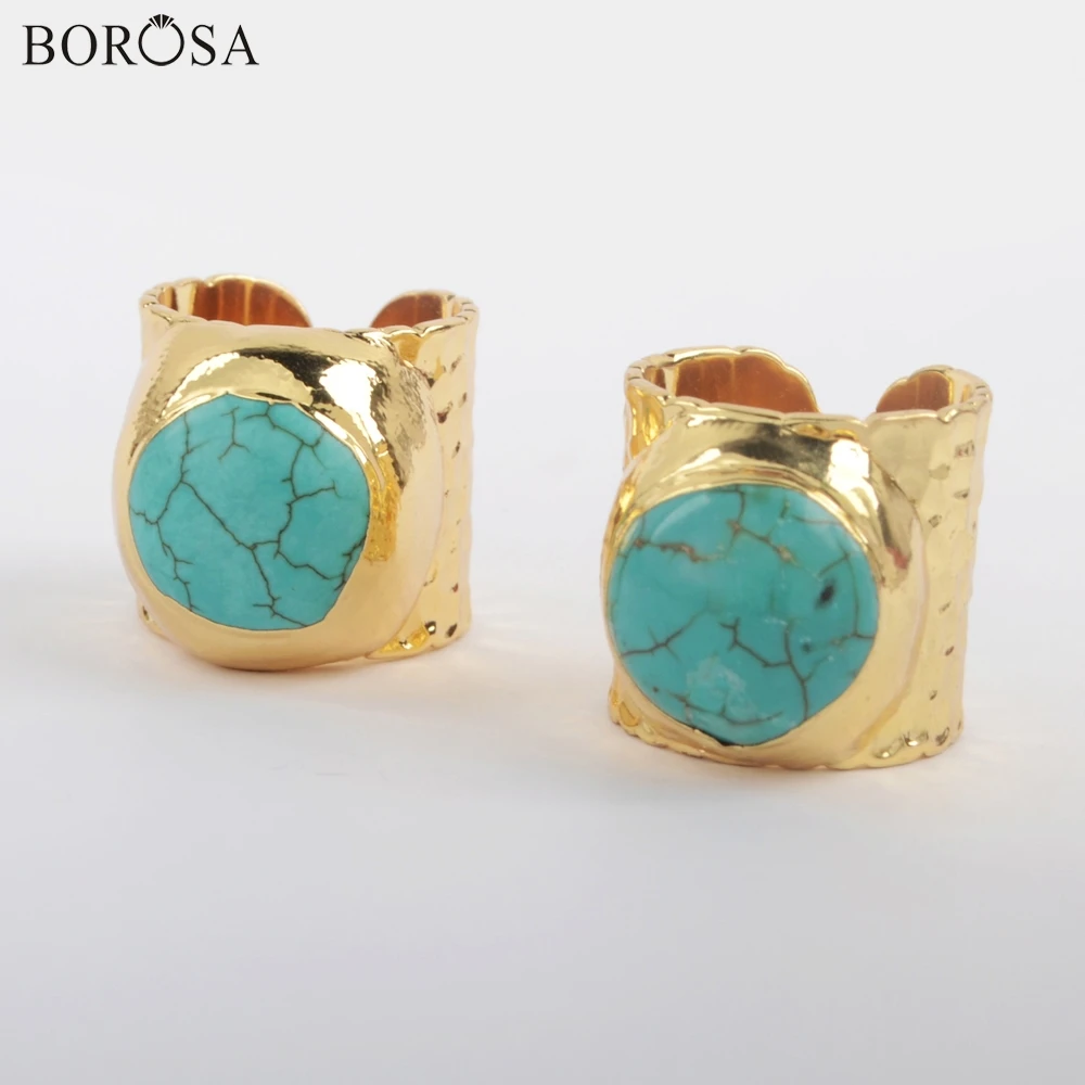 

BOROSA New 10Pcs Gold Plating Handmade Turquoises Rings Blue Howlite Women Ring Size 5~5.5 High Quality Bohemian Gems Ring G1881