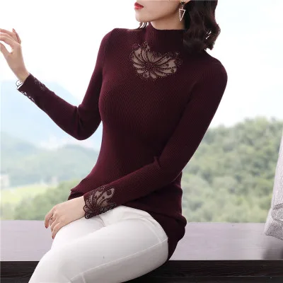 Wine red Новинка, ажурный кружевной свитер с цветочной вышивкой, Женская водолазка, эластичная трикотажная рубашка, Sueter Mujer - Цвет: Wine red