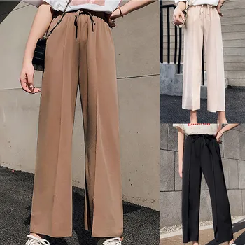 

Woman pants Casual Solid Color Loose Chiffon High Pant Elastic Waist Ankle-Length Pant High waist wide leg pants