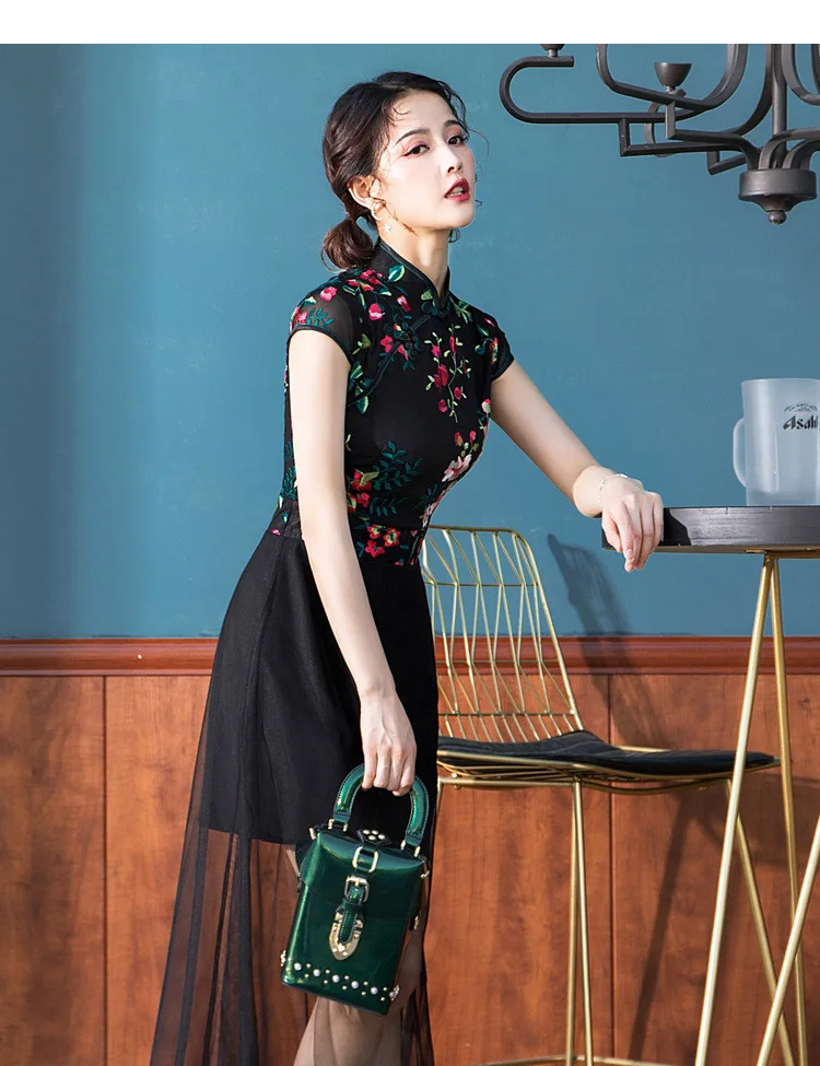 Open Rain Spring Origional New Style Embroidered few sha A- line Skirt Black GIRL'S Cheongsam nian qing kuan Cheongsam