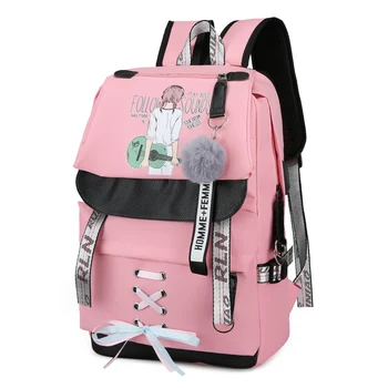 

Women Backpack School Bag for Girls Teenage Large Pink Usb Back Pack Youth Cute Girl Music Printing Nylon College Bagpack Ribbon