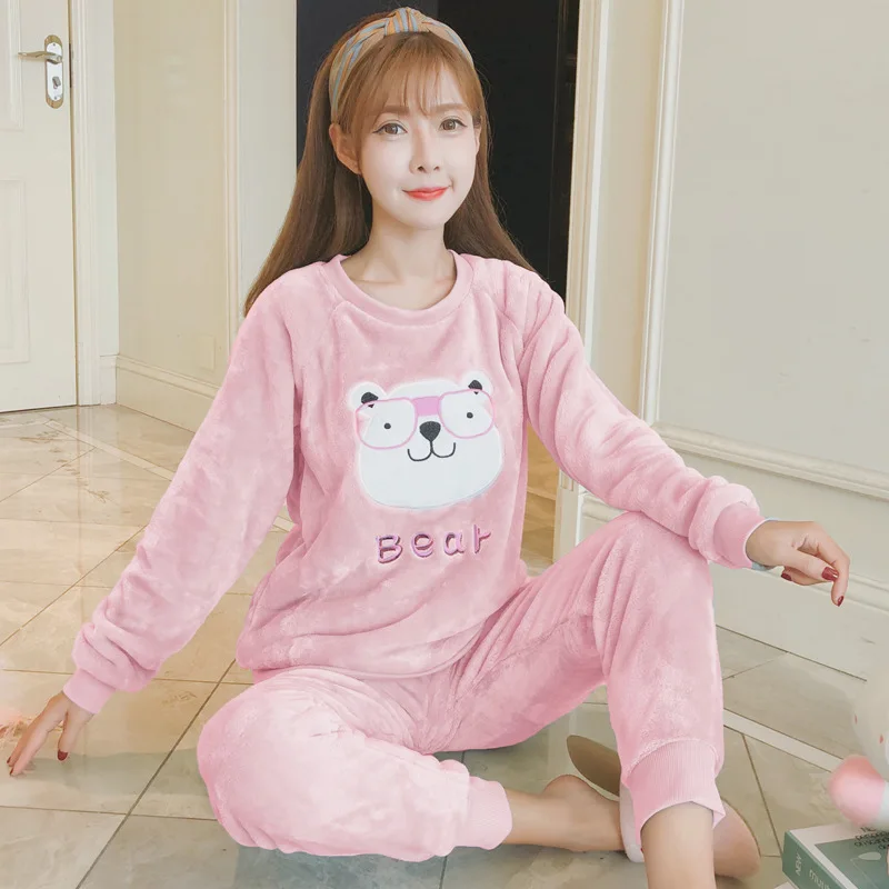 

New Style Winter Long Sleeve Thick Warm Pajamas Women's Korean-style Cute Cartoon Flannel Confinement Clothing Set Home Wear
