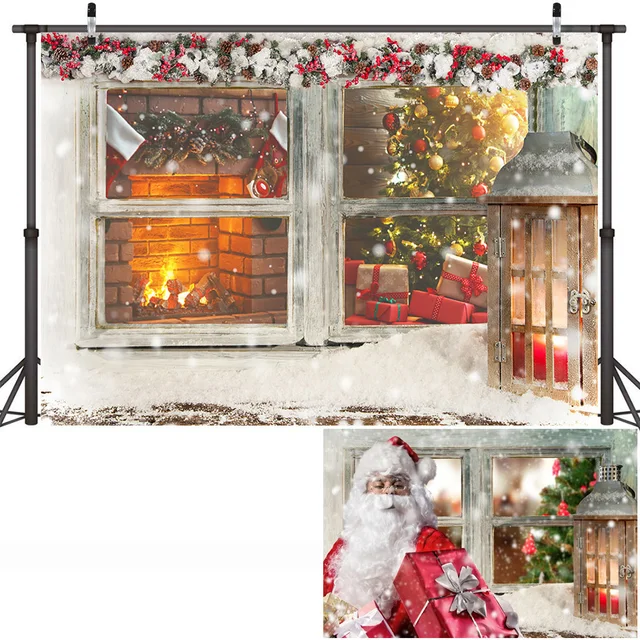 Christmas Window Backdrop Winter Snow Wonderland Birthday Portrait Background Curtain Wreath Christmas Tree Photography Props style-12