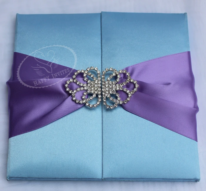 HI2003-41 Custom Light Blue Silk Folio Wedding Invitation with Purple ribbon Silver Foiling Writing More Colors Available Factory Price