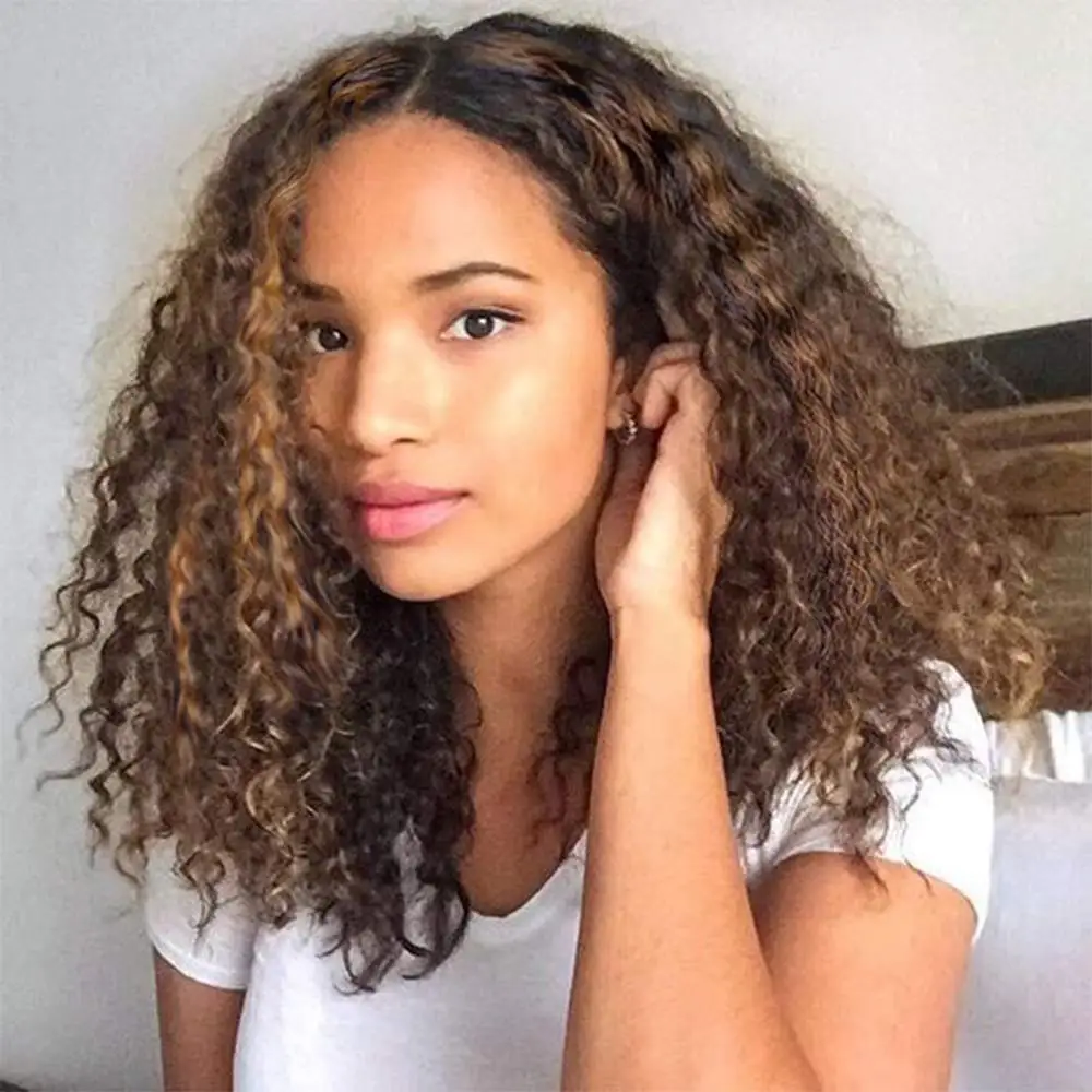 

Short Synthetic Hair Wig Heat Resistant Kanekalon Wig kinky Curly Highlight Yellow Adjustable Strap High temperature Cosplay Wig