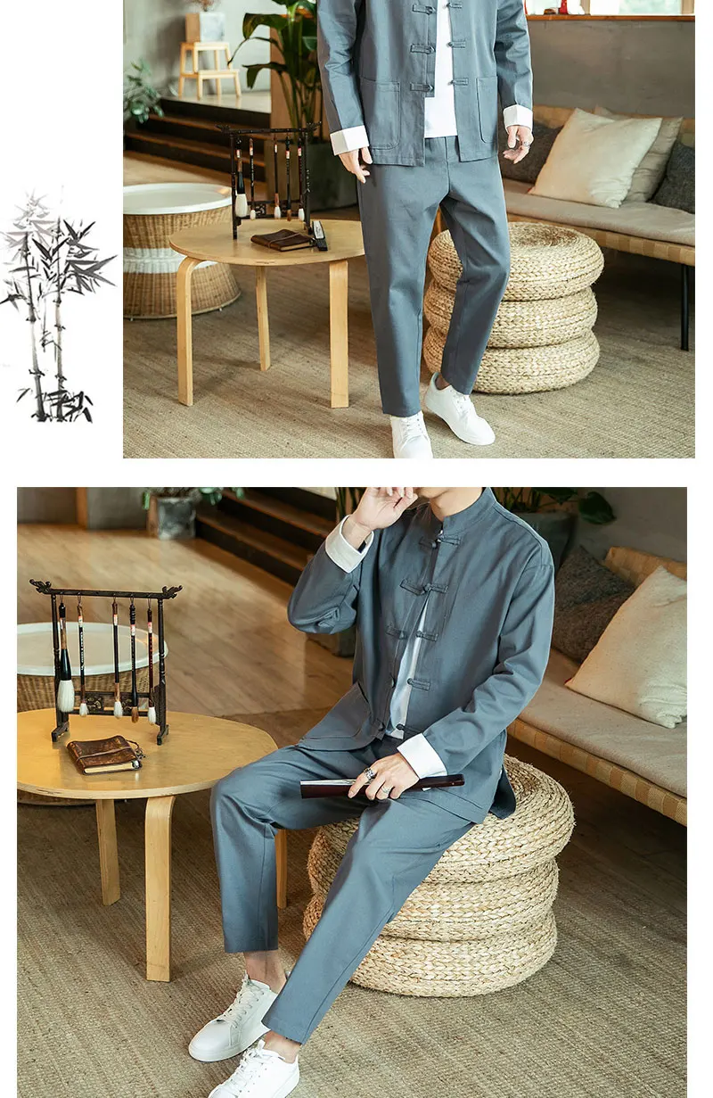 Sinicism магазин в китайском стиле Осенние повседневные мужские комплекты пряжка плюс размер комплект из двух предметов куртка пальто мужской однотонный модный костюм