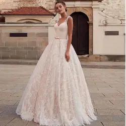 Trajes De Novia атласный пояс с бантом Bestidos De Novia Sweep Train Bruidsjurken Милая Шея шампанское роскошное свадебное платье