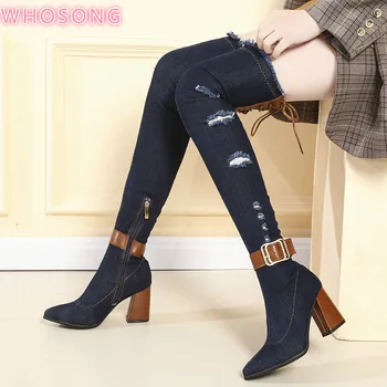 

Rimocy Sexy Women Slim Thigh High Denim Boots Spring 2020 Chunky High Heels Shoes Woman Casula Cowboy Over The Knee Botas Mujer