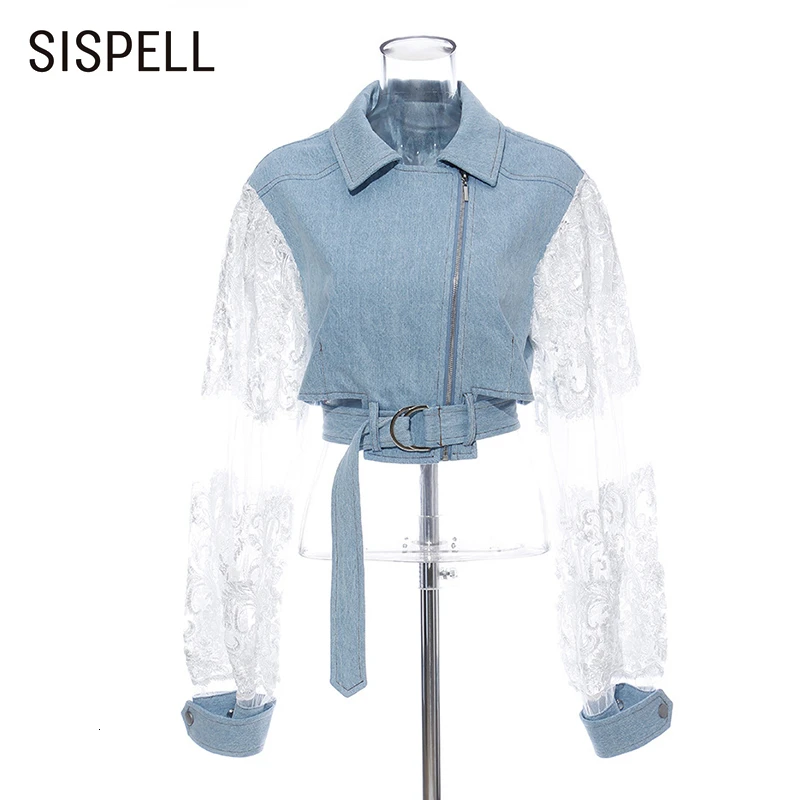 SISPELL Лоскутная кружевная джинсовая куртка для женщин с отворотом воротник комбинезон для новорожденных с длинными рукавами хит цвет короткие пальто Женская мода осень