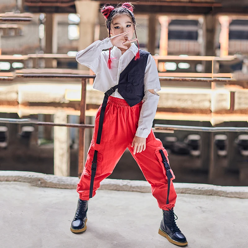 

Kids Hip Hop Dance Costume Girls Clothes Long Sleeves Shirts Red Cargo Pants Street Dance Performance Outfit Rave Clothes BL7293