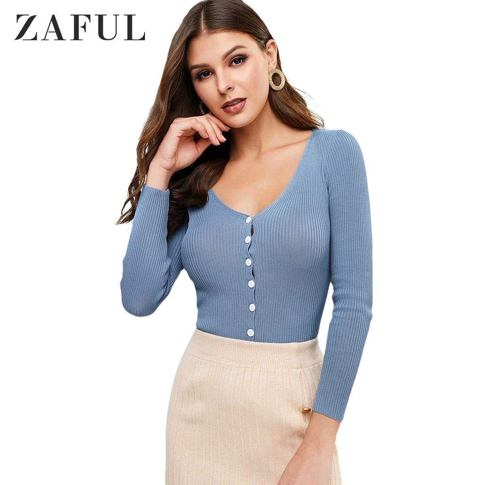 ZAFUL V Neck Ribbed Slim Single Breasted Cardigan 2019 Autumn Warm Button Front Skinny Female Tops Solid Women Stretchy Sweaters |