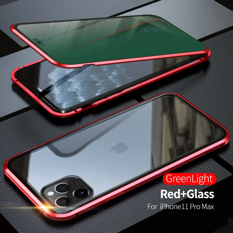 Красный Двухсторонний стеклянный Магнитный чехол для iphone 11 Pro Max 360 металлический магнитный Кристальный зеленый чехол для телефона чехол для iphone 11 Pro Fundas - Цвет: Красный