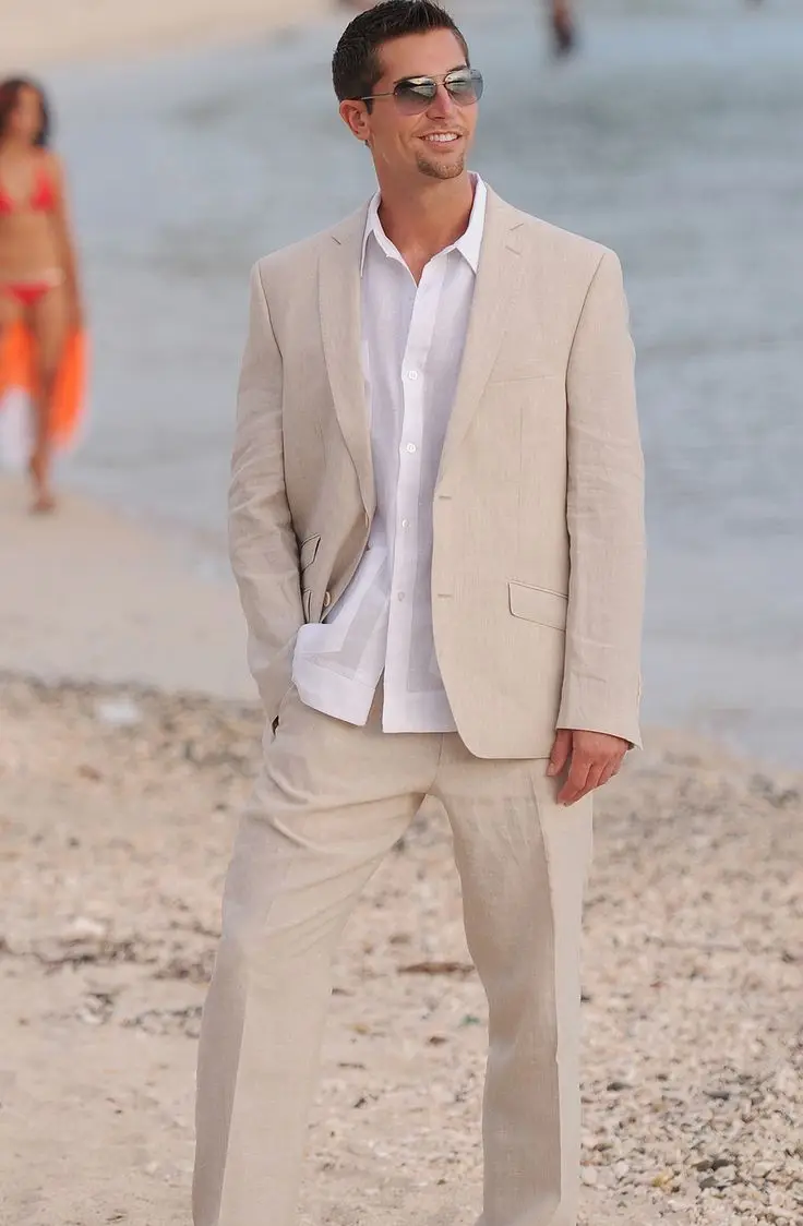 

Fad Latest Coat Pant Designs Beige Linen Men Suit Casual Beach Wedding Suits for Men Slim Fit Blazer 2 Piece Groom Tuxedo Terno