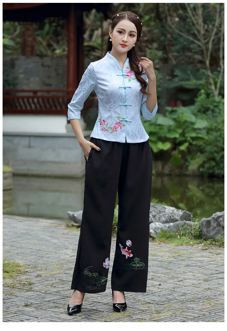 Traditional Chinese Clothing For Women long sleeve China Shirt Chinese Style Tops Jacquard Cotton Print Vertical Cheongsam Tops