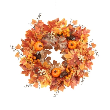 

Artificial Pumpkin Pinecone Wreath Autumn Maple Leaf Garland Front Door Hanging Thanksgiving Halloween Decoration