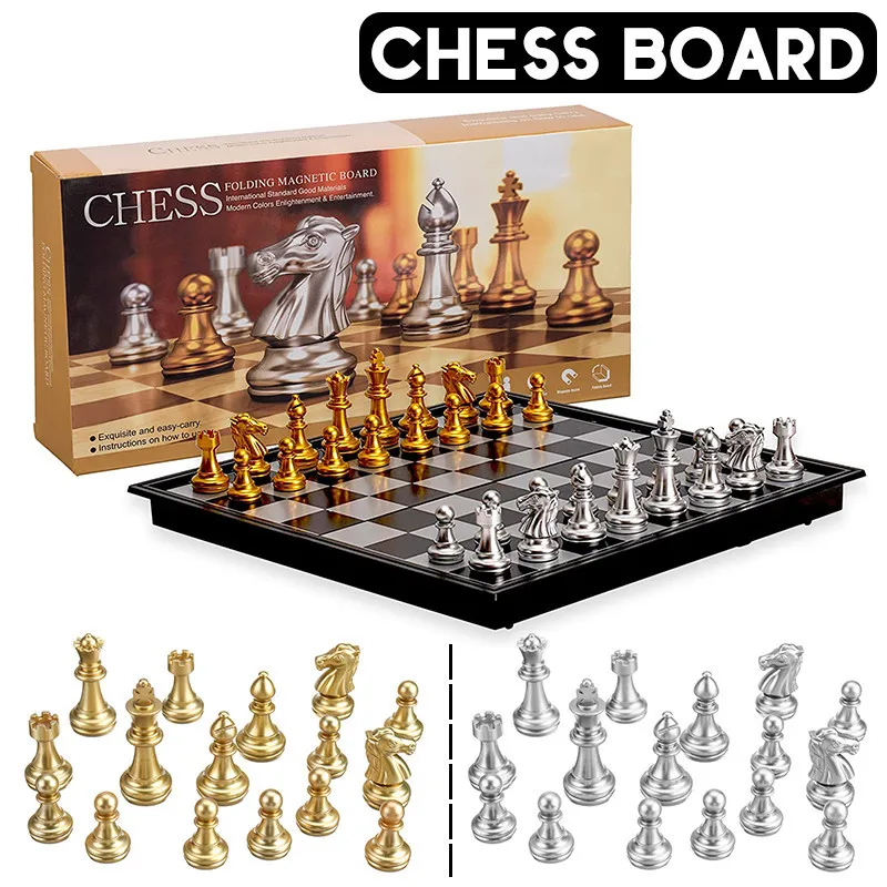

Foldable Medieval Chess Set with High Quality Chessboard 32 Gold Silver Chess Pieces Magnetic Board Game Chess Figure Sets