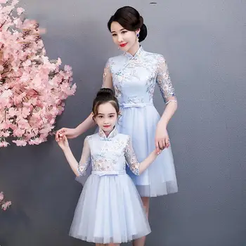 

Mother Daughter Tulle Dress Mom Girls Cheongsam 2019 Mommy Girl Match Twinning Party Dress Family Look Outfits Qipao J309
