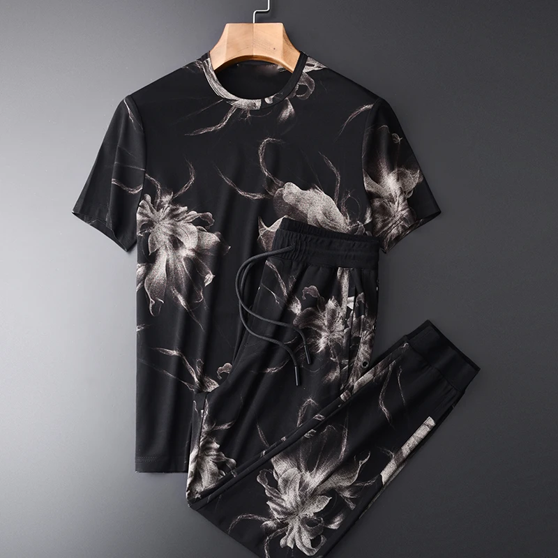 

Summer (T-Shirt+Pants) Allover Printed Short Sleeve Man Plus Size 3XL 4XL Casual Sport Men Sets With Pants
