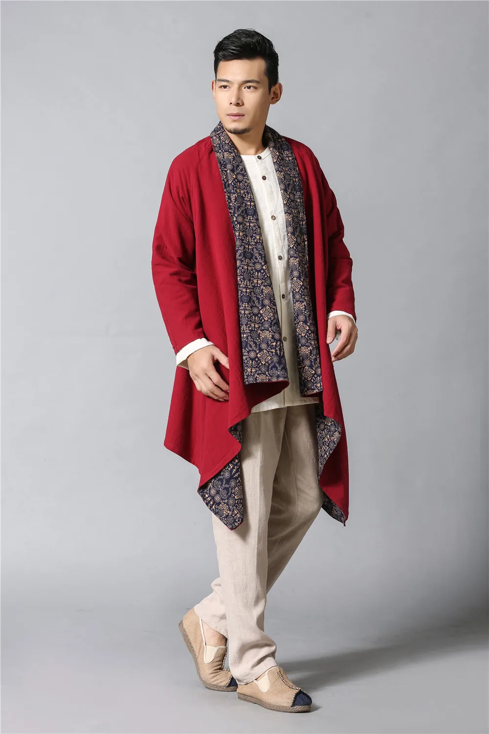 Ma fan bu yi Ethnic-Style Men'S Wear Autumn And Winter Trench Coat Double-sided Wear Floral-Print Mantle Pockets Long Coat
