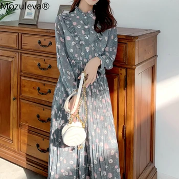 

BornSra 2020 Spring Elegant Ruffle Printed Women Dress Long Sleeve A-line Female Dress Vintage Women Beach Dress Plus Size