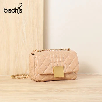 

BISONJS Fashion Small Square Clutch Bag Women Messenger High Quality Real Leather Satchel Lattice Chain Shoulder Bag B10004