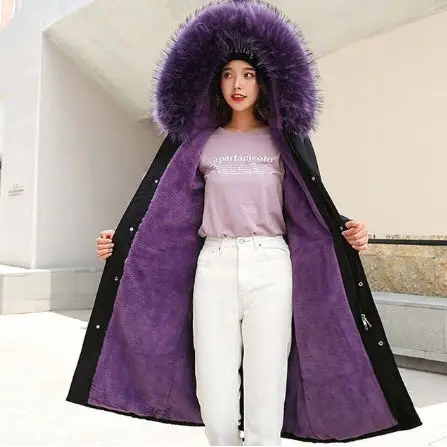 purple TYJTJY-30 градусов, одежда для снежной погоды Длинные парки зимняя куртка Для женщин с меховым капюшоном Костюмы женский Меховая подкладка Толстое Зимнее пальто Для женщин - Цвет: purple