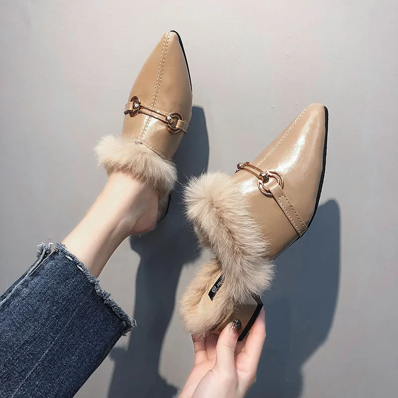 

Loafers Shoes Women Women's Slippers 2019 Cover Toe Slides Med Heeled Mules Pokemon Plush Soft New Pointed Fur Flat with