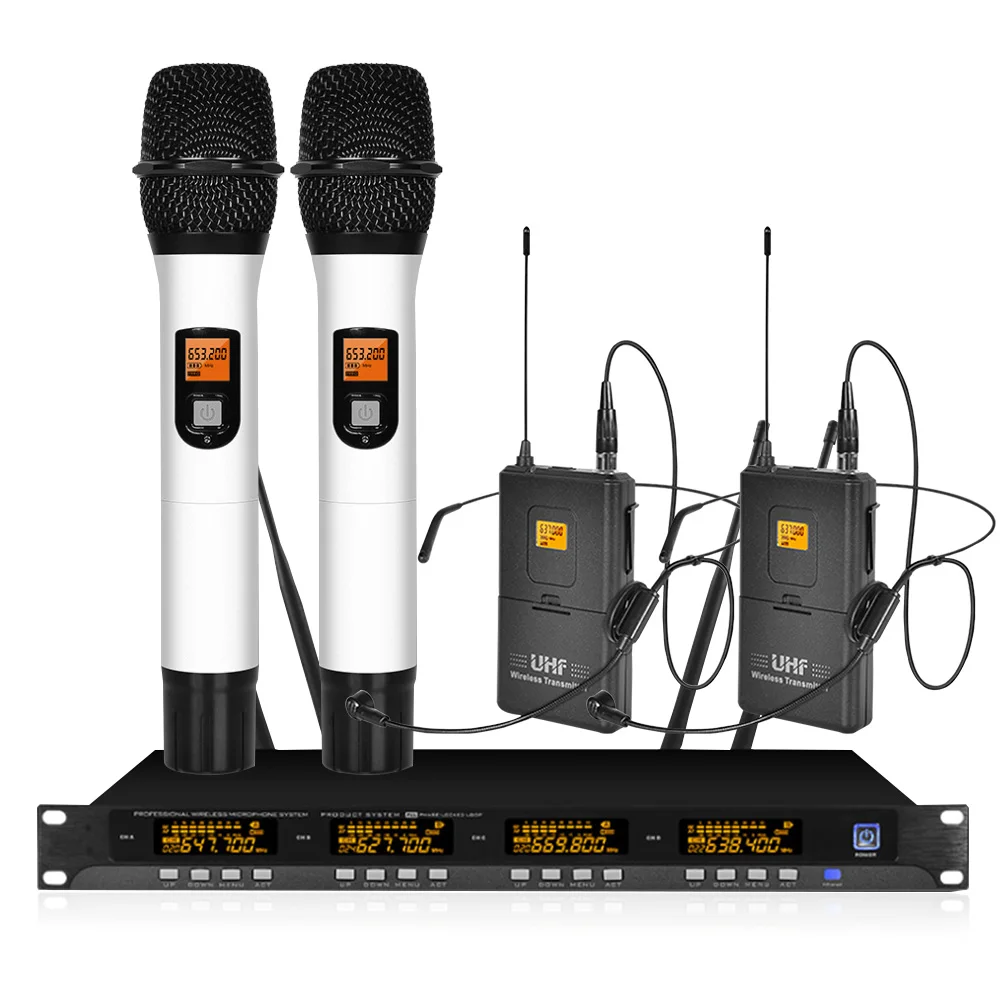 

4-channel wireless microphone system UHF karaoke system wireless 2 handheld microphone 2 headset microphone performance