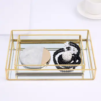 

2020 Nordic Retro Storage Tray Gold Rectangle Glass Makeup Organizer Dessert Plate Jewelry Display Home Kitchen Decor
