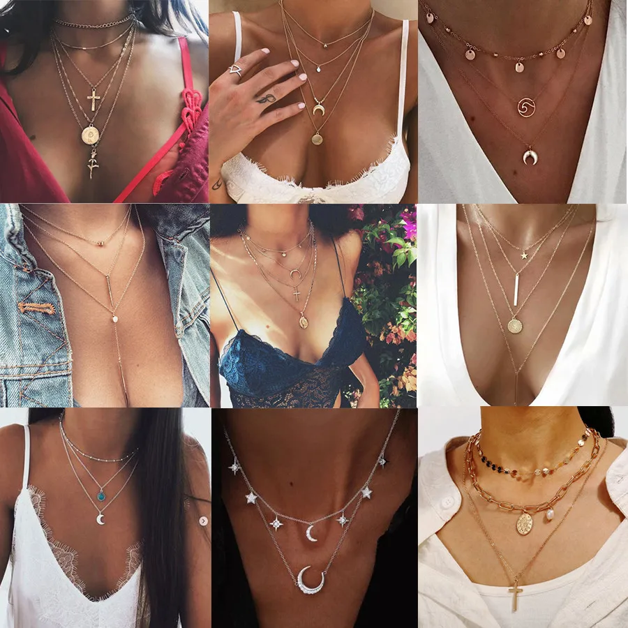 

Bohemian Multi Layer Fashion Star Moon Cross Heart Pendant Necklace For Women Gold Chain Long Necklaces Jewelry Christmas Gift