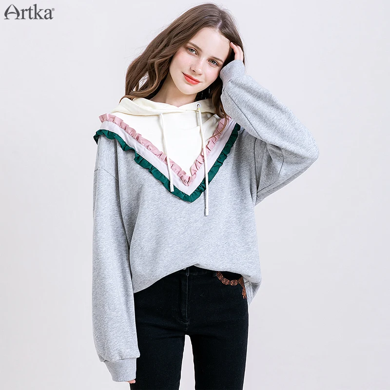  ARTKA 2019 Autumn Winter New Women Hoodies Loose Fake Two Pieces Sweatshirt Long Sleeve Ruffle Pull