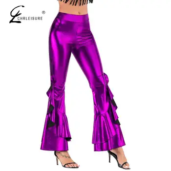 

High Waist Casual Pants Shiny Ruffle Flare Pants Women's Solid Loose Trousers Feminina Party Streetwear