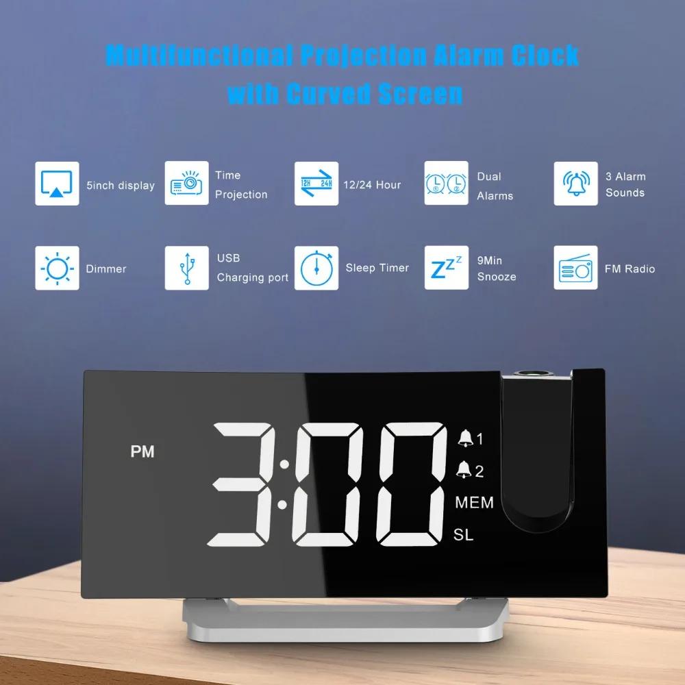 Mpow Projection Clock FM Radio Alarm Clock 5 inch Curved-Screen Digital Dual Alarm with  Dimmer & USB Charging Port Sleep Timer