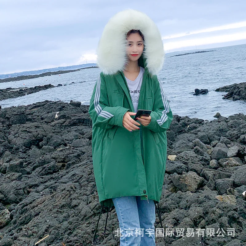 

2019 Autumn And Winter New Style Cotton Coat Women's Mid-length BF Sports Stripes Baseball Loose Cotton Coat Women's Tennis Red