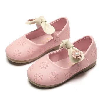 

Bow-knot Leather Shoes For Girls 2020 Spring Korea Style School Girls Shoe Pink White PU Leather Loafers Wedding Shoes 21-30