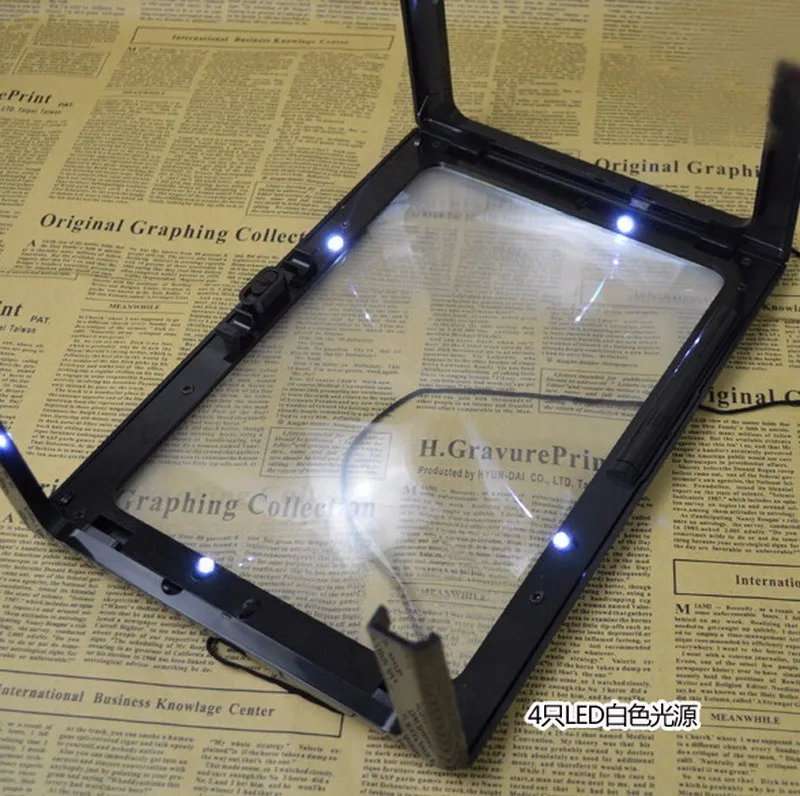 Magnifying Glass Reading Magnifier 1pc Portable A4 Full Page 3X Foldable Hands Free With LED Lights
