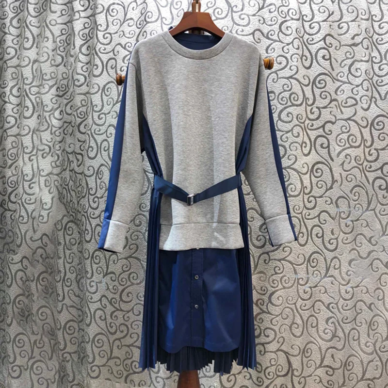 gray TWOTWINSTYLE Лоскутные популярные цвета плиссированные женские платья с круглым вырезом и длинным рукавом с высокой талией с поясом платье для женщин Мода - Цвет: gray