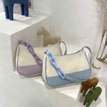 

Female Canvas PU Splicing Underarm Shoulder Bag Fashion Hit Color Women Handbag Youth Ladies Simple Versatile Bag