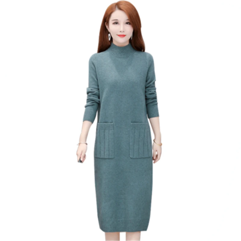 

Turtleneck Sweater 2021 New Autumn Loose Women's Knitted Dresses High Quality Female Knit Sweaters OL Long Sleeve Ladies Dress