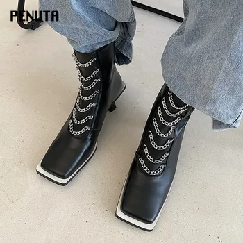 

2020 PENUTA Wonem Punk Rock Boots Strange Heel Fashion Chain Shoes Genuine Leather Ankle Booties Square Toe Winter Shoes D0103