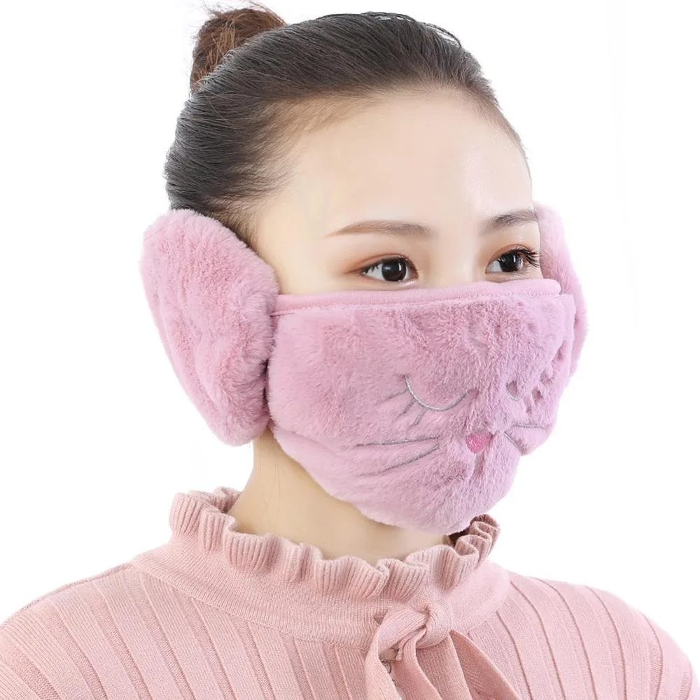 Women 2 in 1 Warm Mask Earmuffs Cartoon Cat Autumn Winter Keep Warm Cold protection Thicken Plush Riding Outdoor Wear warm earmuffs fur earmuffs