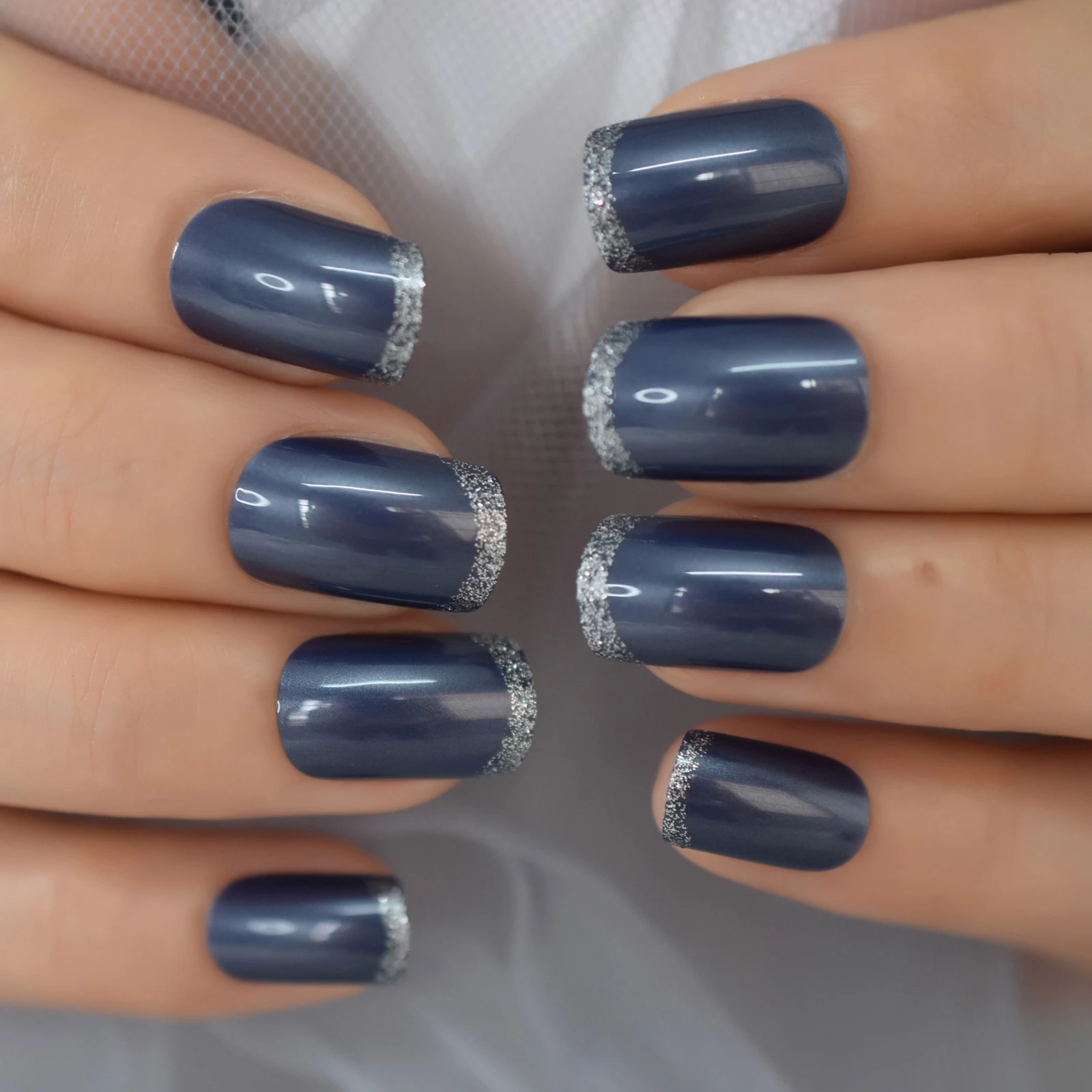 Short Medium Press On Nails Square Design With Silver Glitter False Nails For Women Glossy Nail Tips False Nails Aliexpress